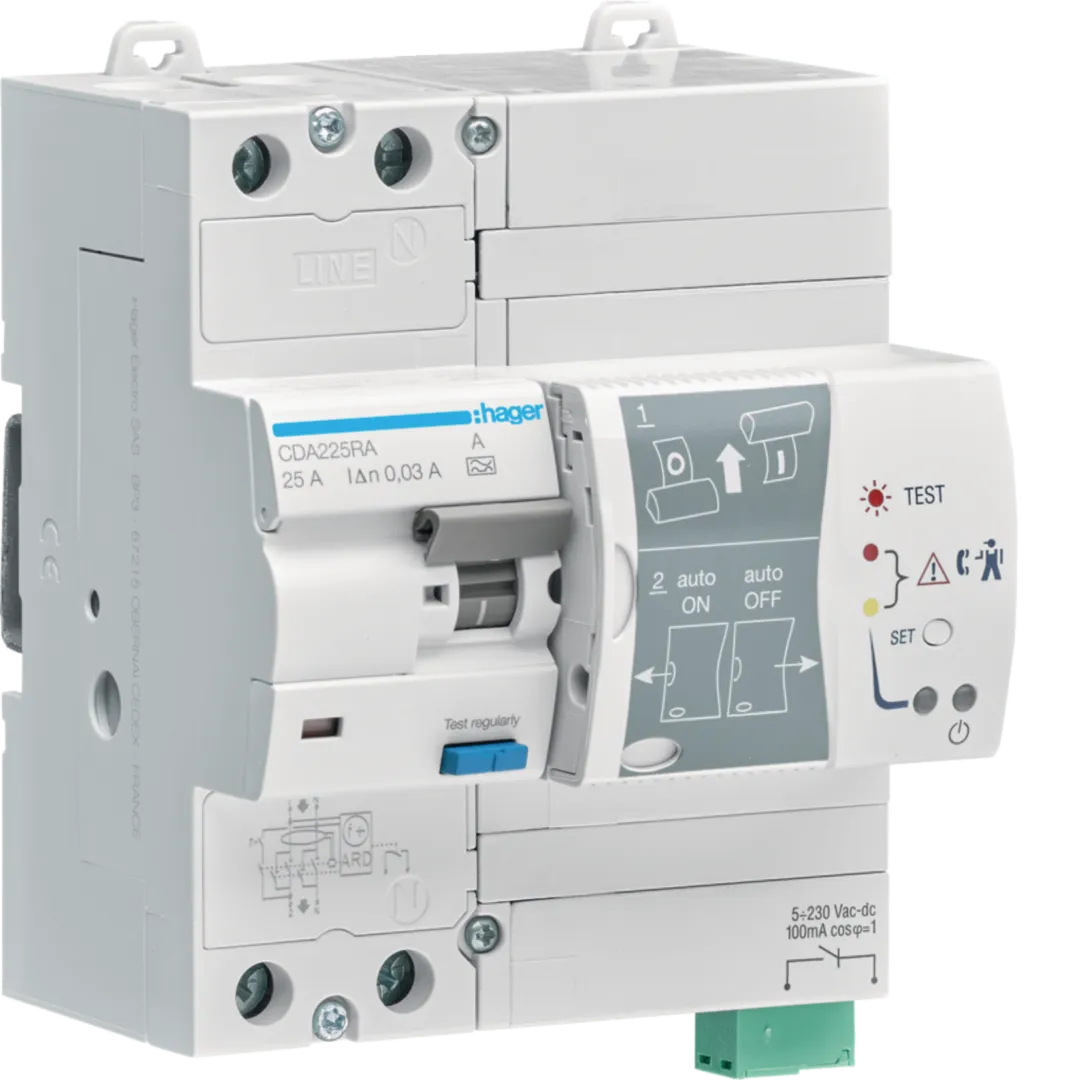 CDA225RA - Jordfelsbrytare självåterställande &amp; självtestande, 2-polig, 25A, 30mA felström