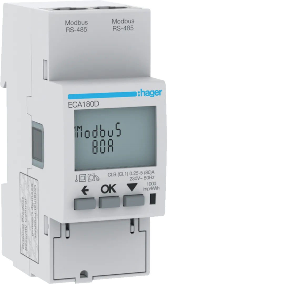 ECA180D - kWh-meter 1-fase direct 80 A, 2 modulen, Modbus (RJ45) MID