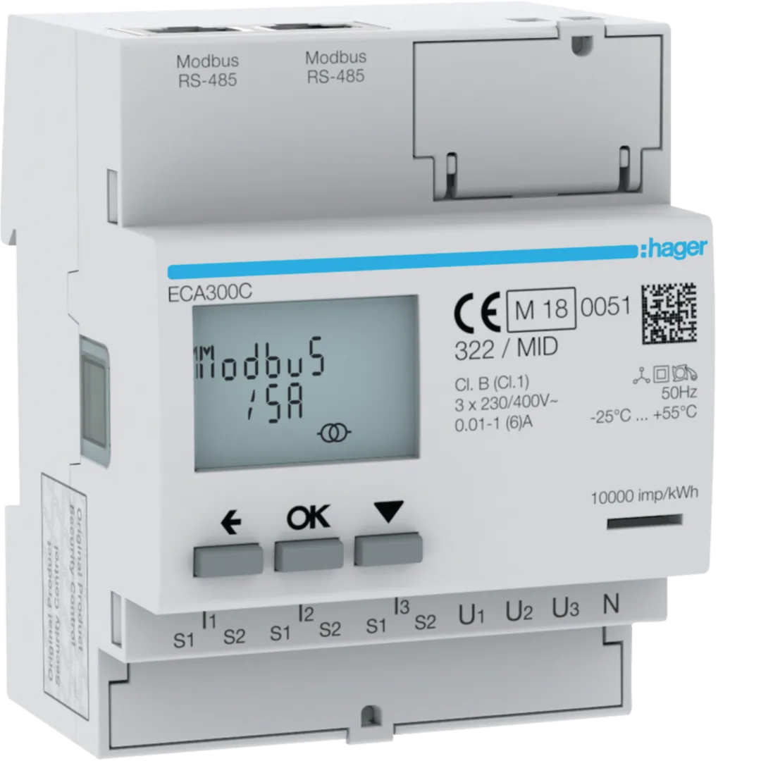 ECA300C - kWh-meter 3-fase via CT 1 A of 5 A, 4 modulen, Modbus (RJ45) MID