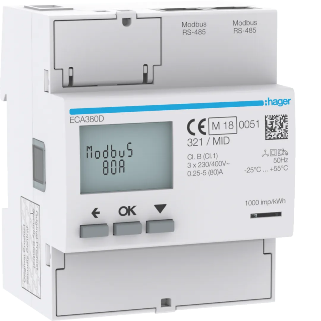 ECA380D - kWh-meter 3-fase direct 80 A, 4 modulen, Modbus (RJ45) MID