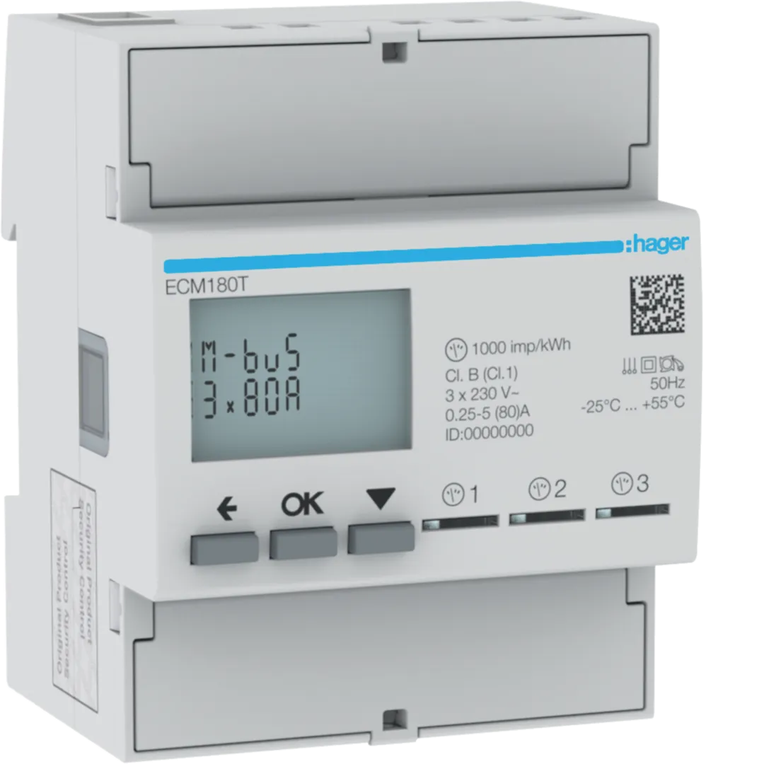 ECM180T - Energimätare direktmätning 3x1-fas 80A, 4 modulers bredd, M-bus