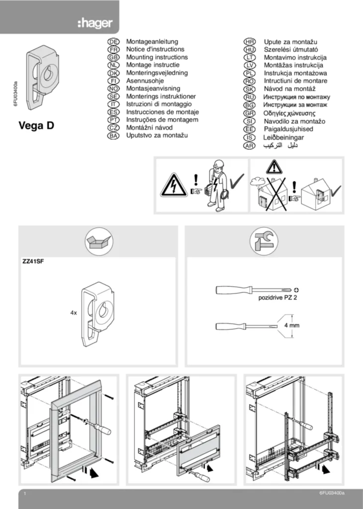 Bild Montageanleitung für ZZ41SF - Satz m. 4x Einsatzmuttern für System Vega D (Stand: 08.2011) | Hager Schweiz