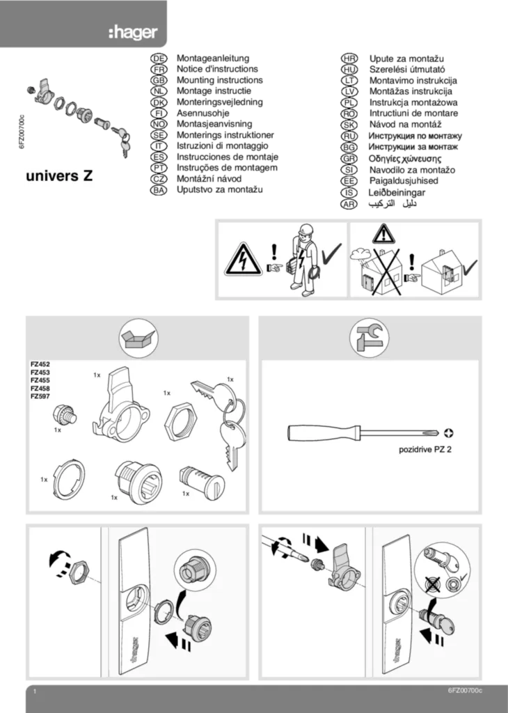 Image Montageanleitung für Schließsysteme: FZ452, FZ453, FZ455, FZ458, FZ597 | Hager France
