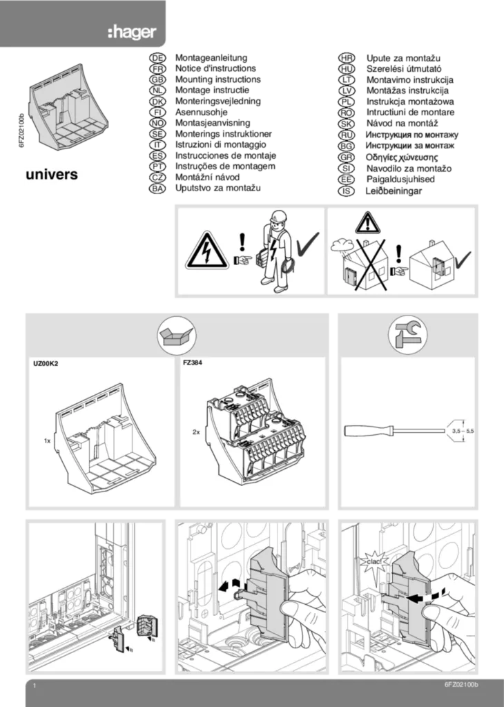 Bild Montageanleitung für FZ384, UZ00K2 - Klemmenträger, Etagenadapter (Stand: 11.2009) | Hager Deutschland