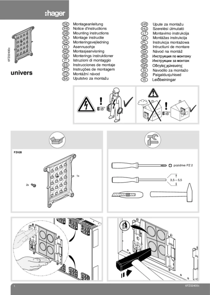 Bild Montageanleitung für FZ401, FZ428 - Leitungseinführung, Verschlusstopfen, univers (Stand: 11.2009) | Hager Deutschland