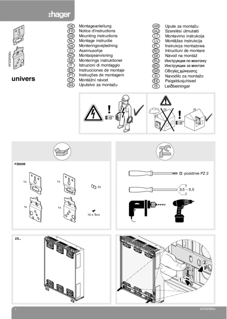 Bild Montageanleitung für FZ803B - Befestigungslaschen, univers, für Schrank IP44 / IP54, ausen (Stand: 11.2009) | Hager Deutschland