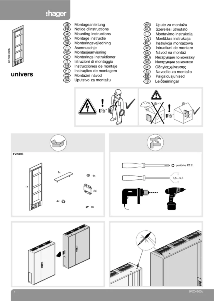 Bild Montageanleitung für FZ365N, FZ737B, ZB011C - Anschlussschrank, univers Z, Zubehör (Stand: 11.2009) | Hager Deutschland