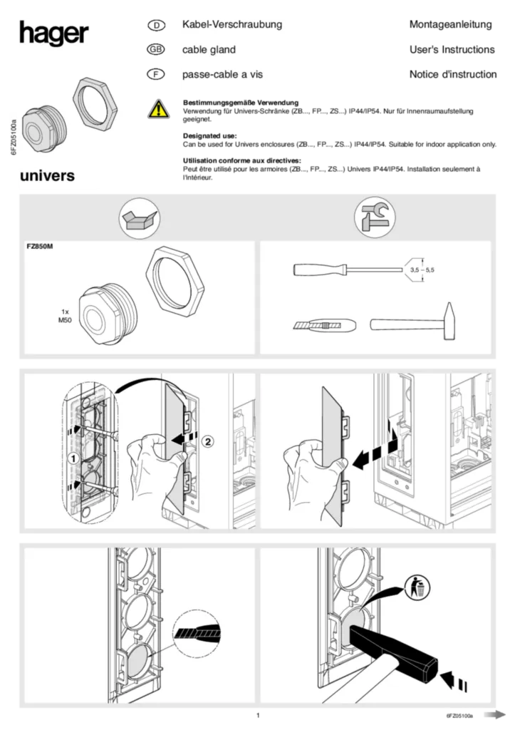 Bild Montageanleitung für FZ850M - Kabelverschraubung, M50, mit Gegenmutter, für seitliche Kabeleinführung (Stand: 02.2007) | Hager Deutschland