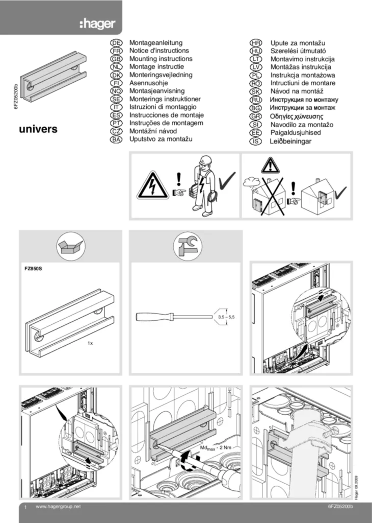 Bild Montageanleitung für FZ850S - Kabelabfangschiene, univers, IP44/54, 1-feldig, C-Profil 30x15 mm, Schlitz 17 mm (Stand: 11.2009) | Hager Deutschland