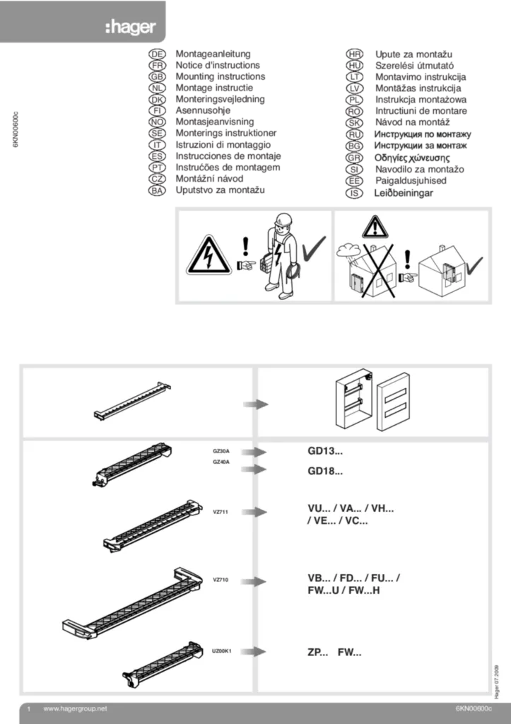 Bild Montageanleitung für GZ30A, GZ40A, KN00K, UZ00K1, VZ710 - Zubehör (Stand: 09.2009) | Hager Deutschland