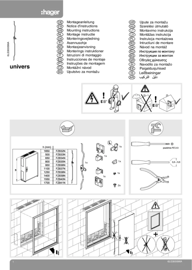 Bild Montageanleitung für FZxx, ZBxx - Schränke, Türen, Zubehör (Stand: 09.2013) | Hager Schweiz