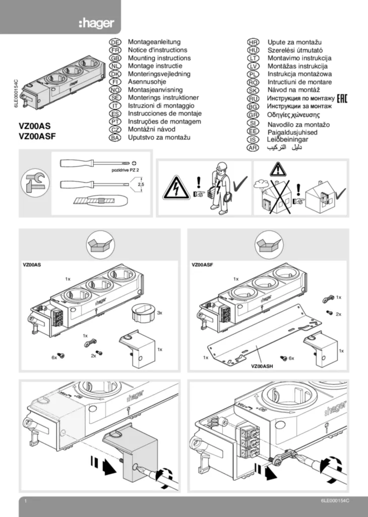 Bild Montageanleitung für UF2xx, UF3xx, UF4xx, UF5xx, VZ00xx, ZU37xx, ZU59xx - Komplettfeld Multimedia, universZ/Steckdosen (Stand: 03.2016) | Hager Deutschland