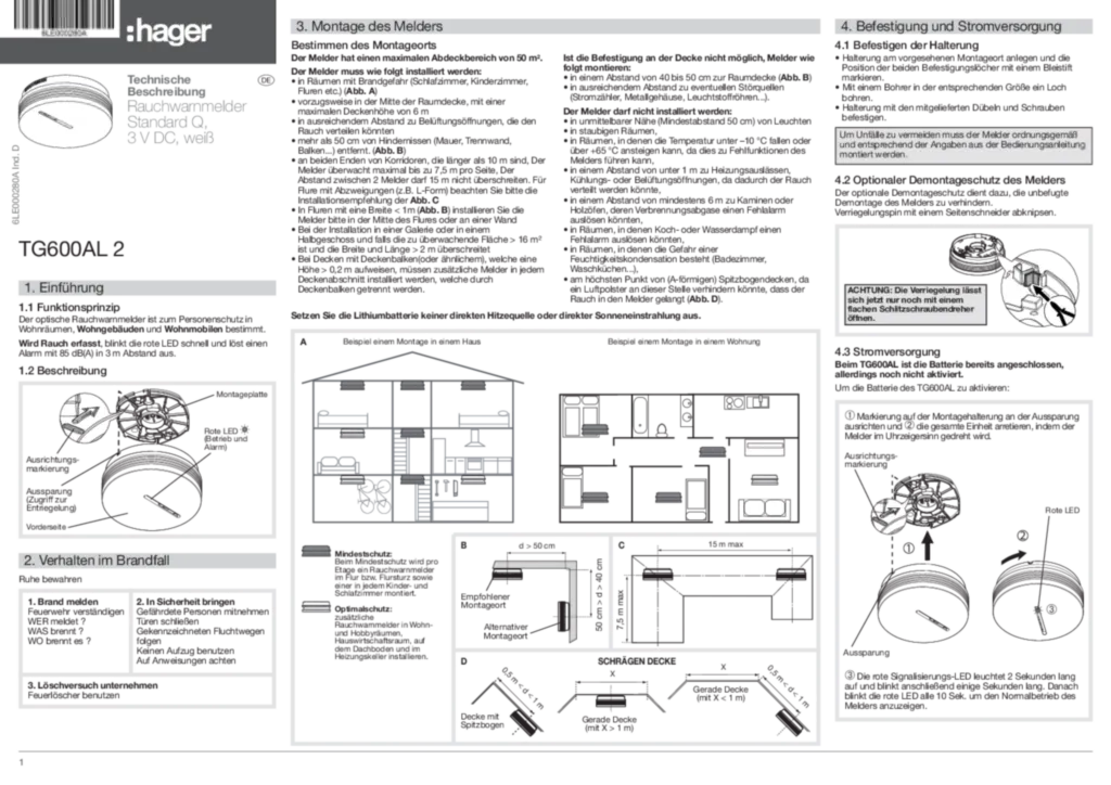 Bild Montageanleitung für TG600AL - Rauchwarnmelder Standard Q, 3V DC (DE, Stand: 01.2017) | Hager Deutschland