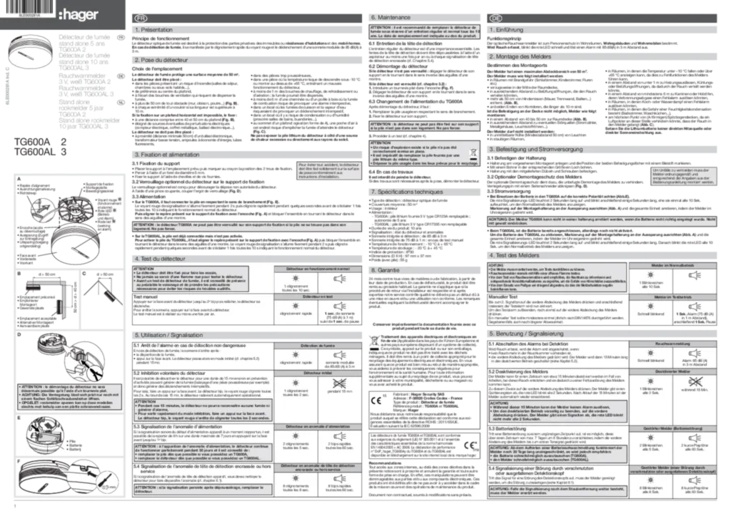 Bild Montageanleitung für TG600A - Rauchwarnmelder Standard, 3V DC (DE-FR-NL, Stand: 01.2017) | Hager Deutschland
