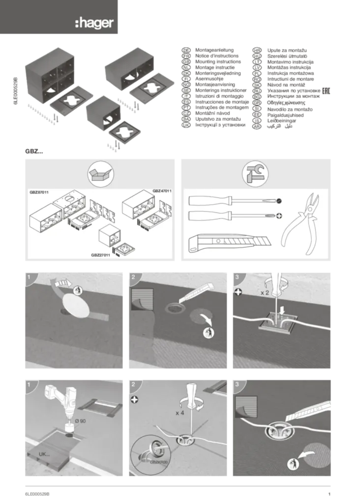 Bild Montageanleitung für GBZ27011, GBZ47011, GBZ87011, GBZKR00, GBZWB7011 - Zubehör (Stand: 11.2016) | Hager Deutschland