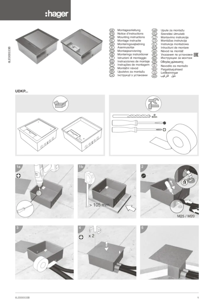 Bild Montageanleitung für UDBDQ06, UDKPQ067011 - Bodendosen, Sets (Stand: 11.2016) | Hager Deutschland