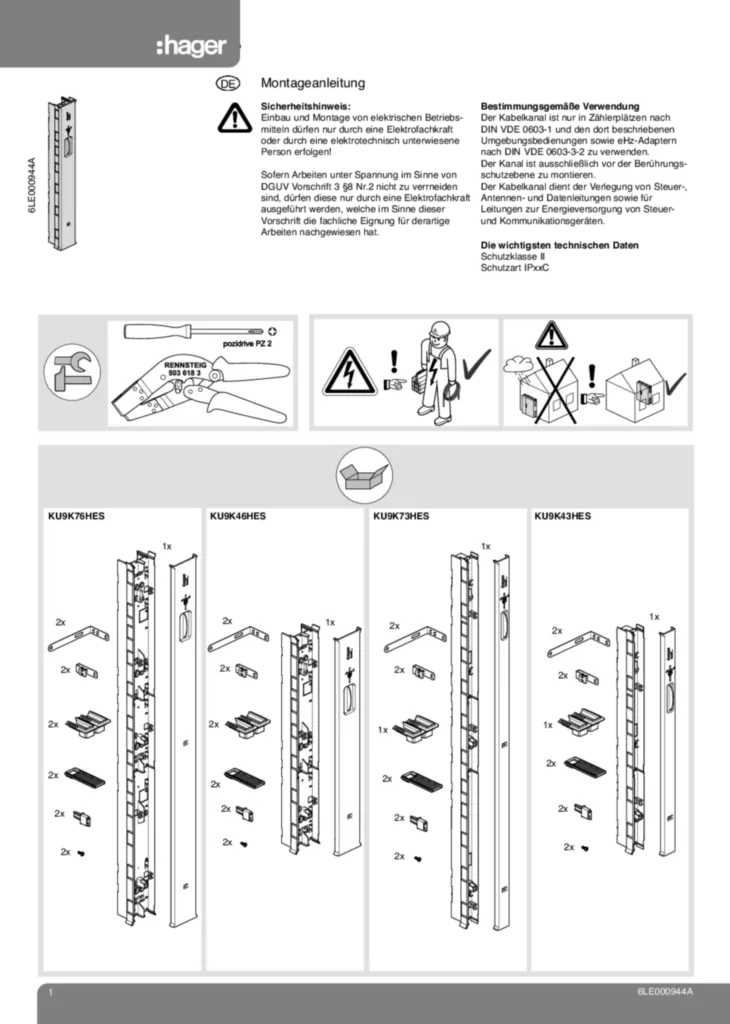 Bild Montageanleitung für KU33ADZ, KU9K10H - BKE-AZ, univers Z, Zubehör (DE, Stand: 05.2018) | Hager Deutschland