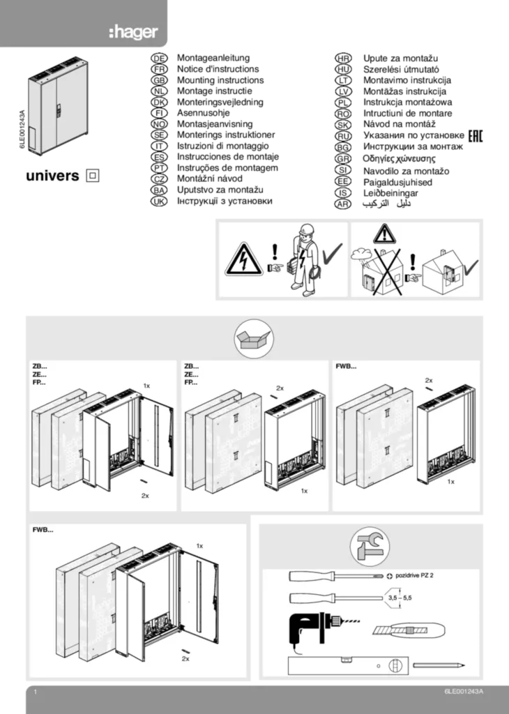 Bild Montageanleitung für FPxx, FWxx, FZxx, ZBxx, ZHxx, ZKxx, ZLxx, ZPxx, ZQxx, ZSxx, ZWxx - Schränke, Feldverteiler, Zählerverteiler (Stand: 03.2015) | Hager Deutschland