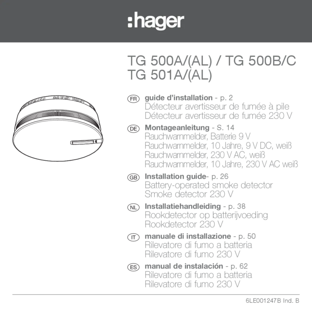 Bild Montageanleitung für TG500A - Rauchwarnmelder VdS, 10 Jahre, Drahtvernetzbar,9V DC/ 230V AC (DE-EN-IT-FR-ES-NL, Stand: 09.2017) | Hager Deutschland