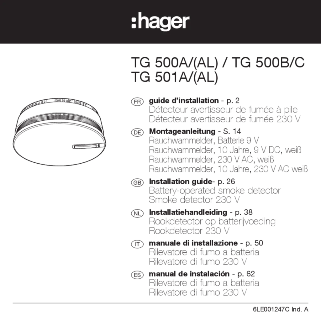 Bild Montageanleitung für TG500A - Rauchwarnmelder VdS (DE-EN-IT-FR-ES-NL, Stand: 06.2018) | Hager Deutschland