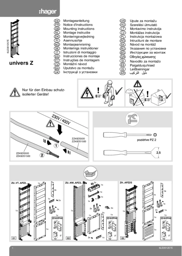 Bild Montageanleitung für ZB3xx, ZU3xx, ZU5xx, ZZ842A - Schränke, Verteilungen, univers Z, Zubehör (multi-language, Stand: 08.2019) | Hager Deutschland