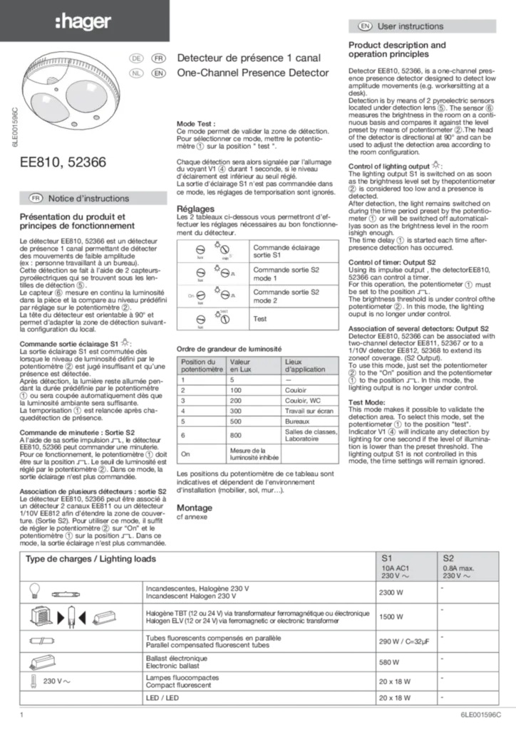 Bild Montageanleitung für 52366, EE810 - Präsenzmelder Aufbau 1 Kanal (DE-EN-FR-NL, Stand: 04.2018) | Hager Schweiz