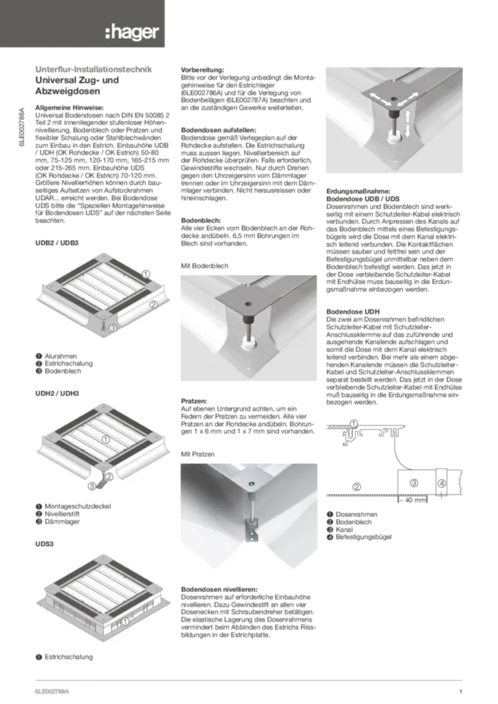 Bild Montageanleitung für UDB2050080, UDB3050080, UDH2050080, UDH3050080, UDS3070120 - Universal-Bodendose mit Bodenblech/Haltepratzen/Stahlblechschalung (DE, Stand: 01.2017) | Hager Deutschland