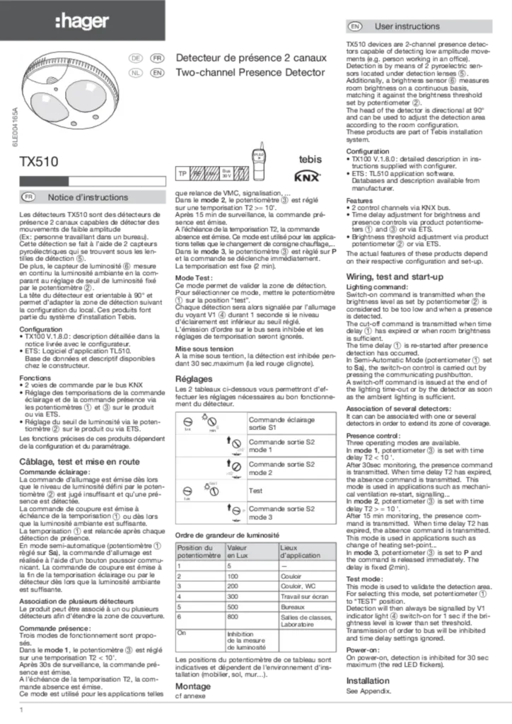 Bild Montageanleitung für TX510 - KNX Präsenzmelder 2-Kanal (DE-EN-FR-NL, Stand: 09.2017) | Hager Deutschland