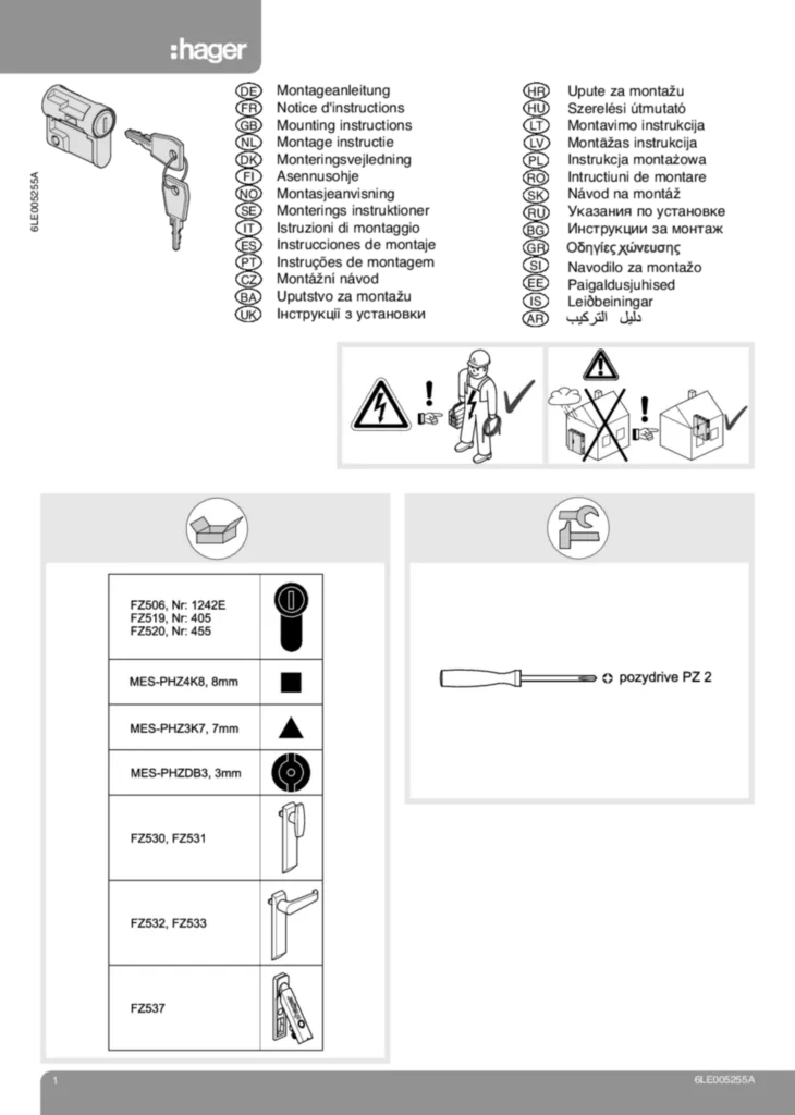Bild Montageanleitung für FZ506, FZ519, FZ520, FZ530, MES-PHZ3K7 - Zubehör (Stand: 03.2018) | Hager Schweiz