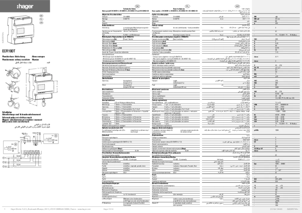 Bild Montageanleitung für ECR180T - Energiezähler 1phasig, direkt 3x80A, 4M, MODBUS (DE-AR-PL, Stand: 10.2019) | Hager Schweiz