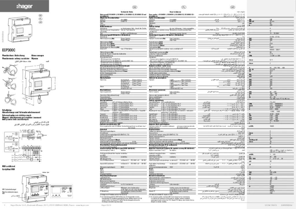 Bild Bedienungs- und Montageanleitung für ECP300C - Energiezähler 3phasig für Wandlerverhältnis 1A oder 5A (DE-PL-AR, 2019-09) | Hager Deutschland