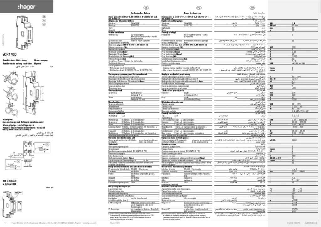 Image Notice d'instruction pour ECR140D - Compteur monophasé direct 40A (DE-PL-AR, 2019-09) | Hager Suisse