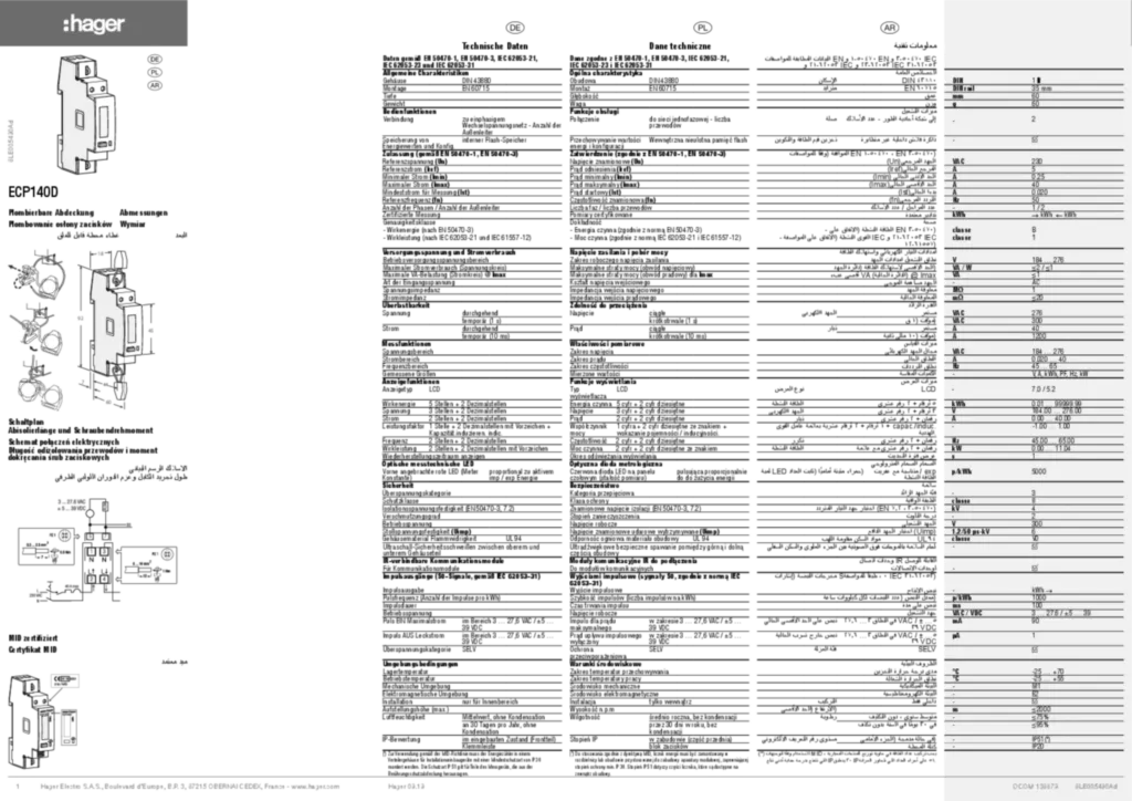 Bild Bedienungs- und Montageanleitung für ECP140D - Energiezähler 1phasig, direkt 40A (DE-PL-AR, 2019-09) | Hager Deutschland