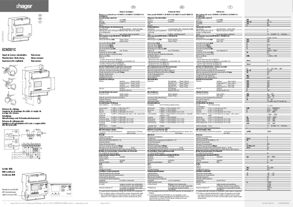 Image Notice d'instruction pour ECM301C - Compteur triphasé via TI 1A ou 5A (FR-DE-IT, 2019-09) | Hager Suisse