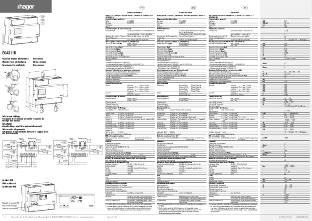 Image Notice d'instruction pour ECA311D - Compteur triphasé direct 125A (FR-DE-IT, 2019-09) | Hager Suisse