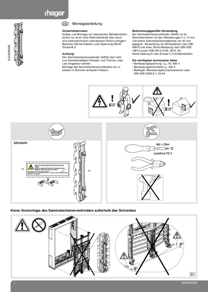 Bild Montageanleitung für ZZ55Save - Sammelschienenverbinder, Feld/Feld, 5-polig (DE, 2020-08) | Hager Deutschland