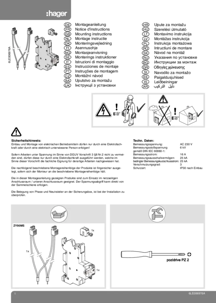 Bild Montageanleitung für ZY90MS - Bestell-Paket Spannungsversorgung für RfZ und APZ, SLS 1-polig, 16A-25kA im NAR (Stand: 07.2018) | Hager Deutschland