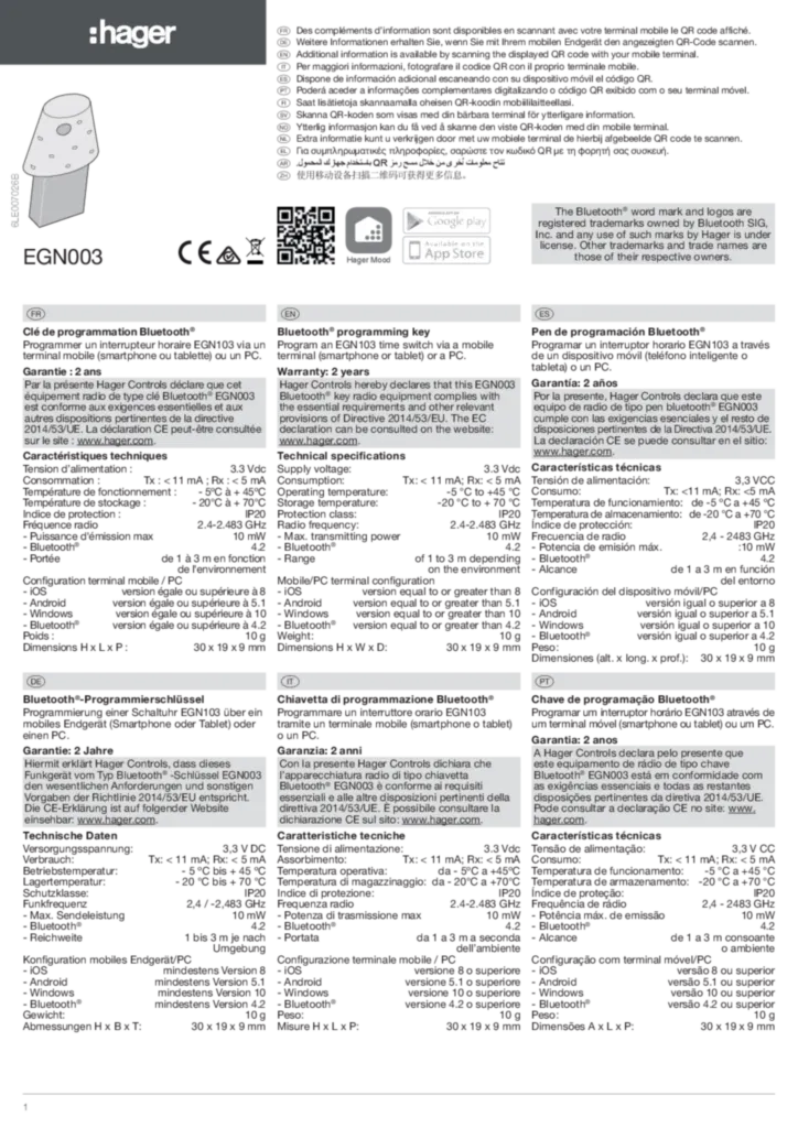 Image Notice d'instruction pour EGN003 - Clé de programmation Bluetooth (FR-DE-EN-IT-ES-PT-FI-SV-NO-NL-EL-AR-ZH, 2020-01) | Hager France