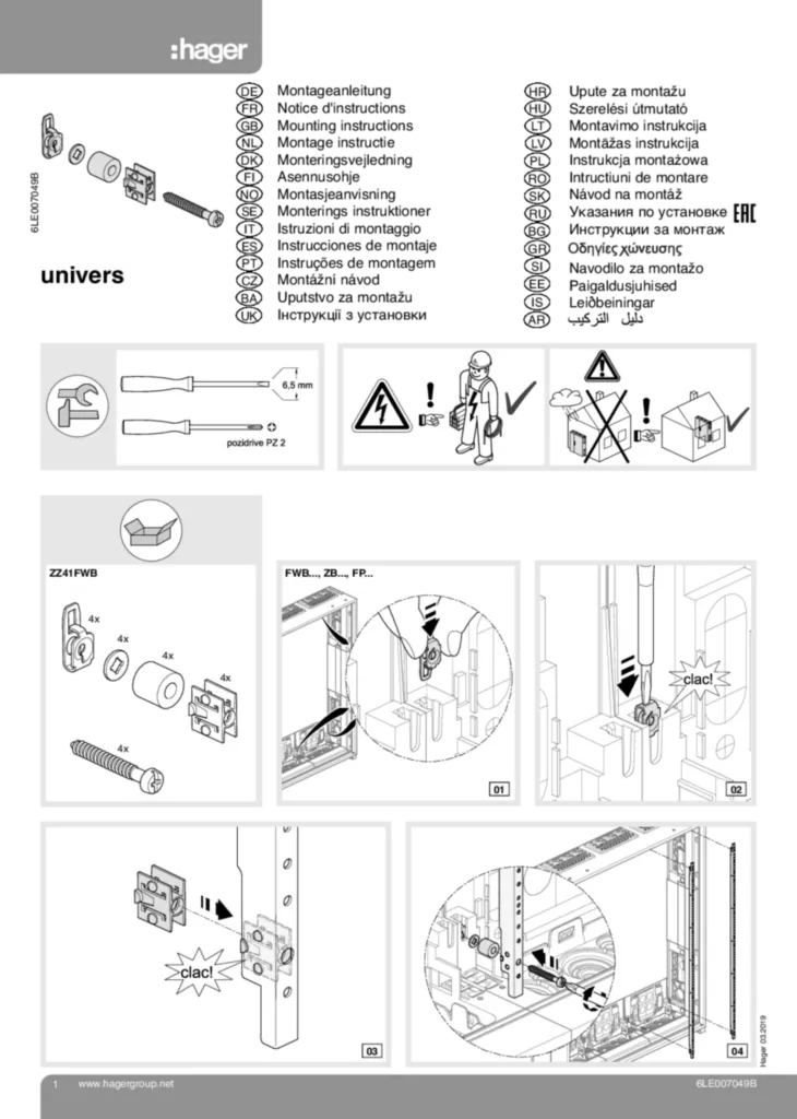 Bild Montageanleitung für ZZ41FWB - Adapter set univers FW, für univers Innenausbausystem (Stand: 03.2019) | Hager Deutschland