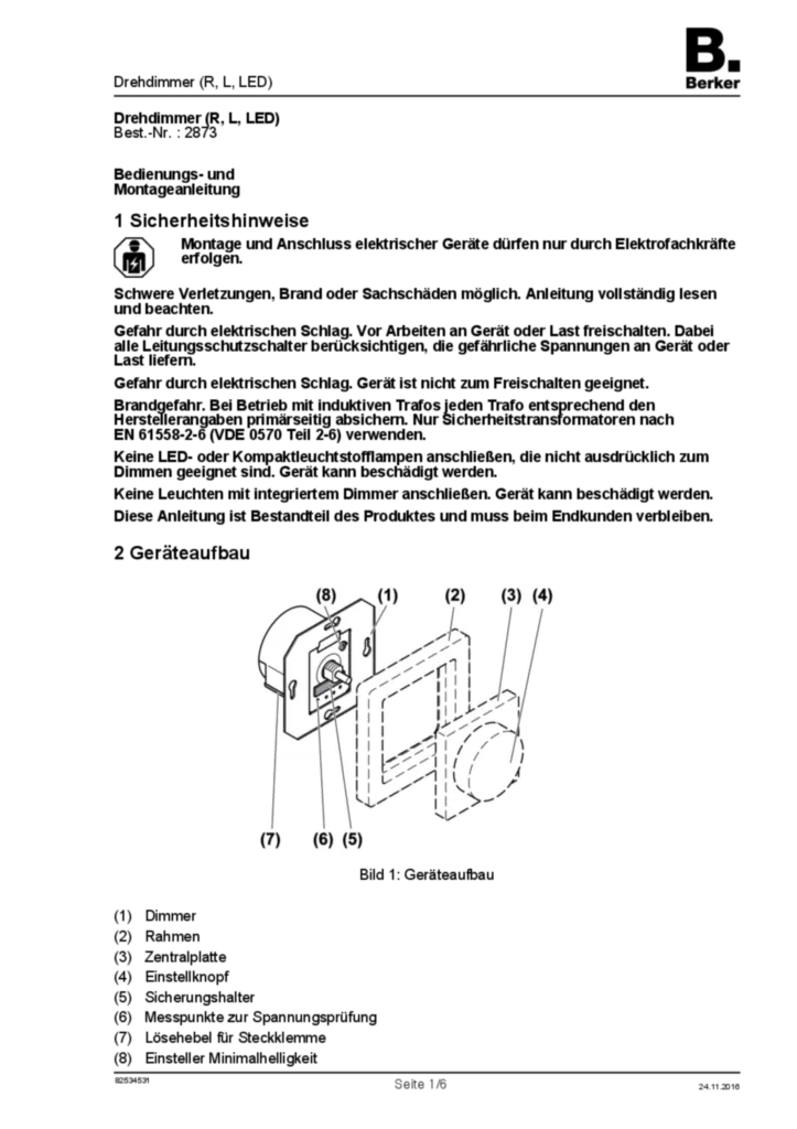 Bild Bedienungs- und Montageanleitung für 2873 - Drehdimmer (R, L, LED) (DE, Stand: 11.2016) | Hager Deutschland