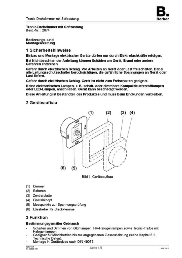 Bild Bedienungs- und Montageanleitung für 2874 - Tronic-Drehdimmer 525 W (R, C) (DE, Stand: 08.2010) | Hager Deutschland