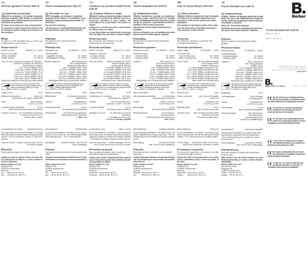 Bild Bedienungs- und Montageanleitung für 2874 - Tronic-Drehdimmer 525 W (R, C) (DE-EN-NL-FR-NO-ES, Stand: 09.2005) | Hager Deutschland