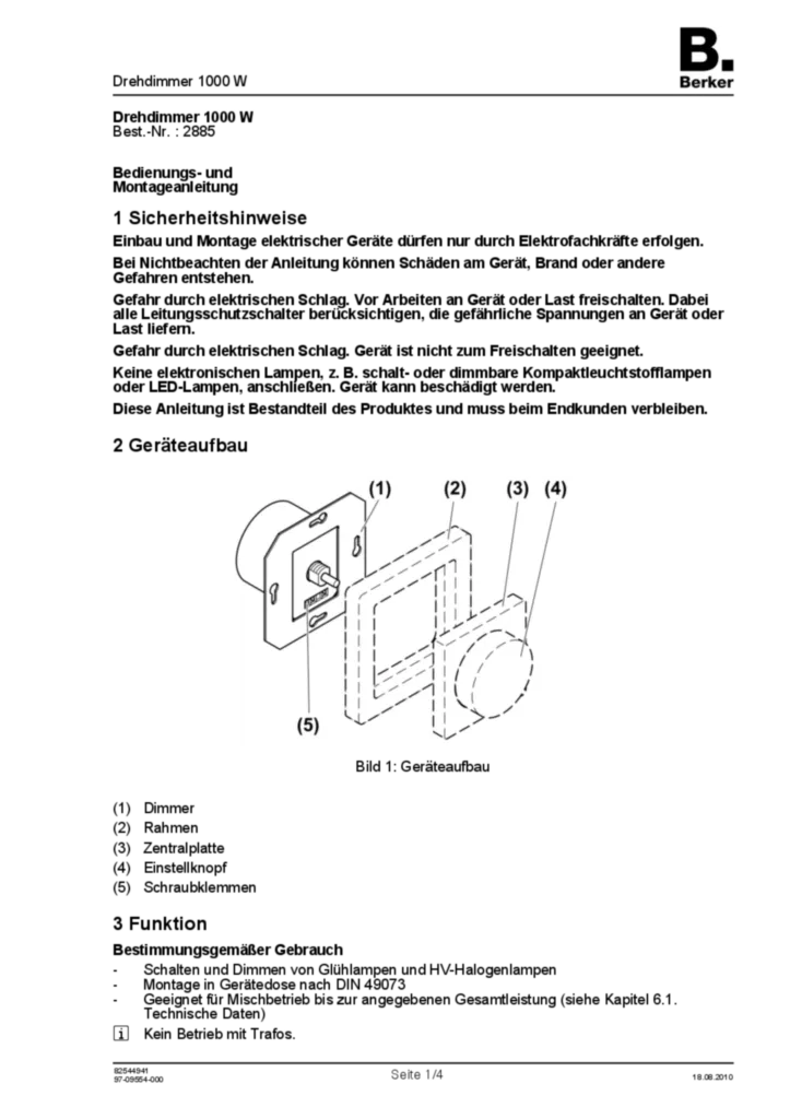 Bild Bedienungs- und Montageanleitung für 2885 - Drehdimmer 1000 W (DE, Stand: 08.2010) | Hager Deutschland