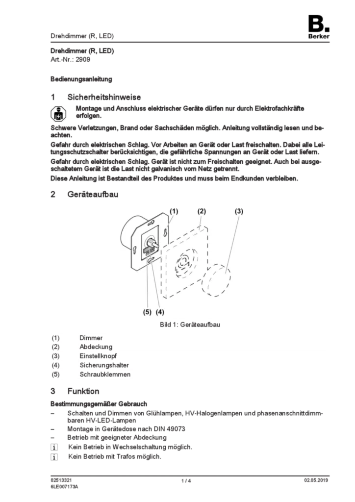 Bild Bedienungs- und Montageanleitung für 2909 - Drehdimmer (R, LED) (DE, Stand: 05.2019) | Hager Deutschland