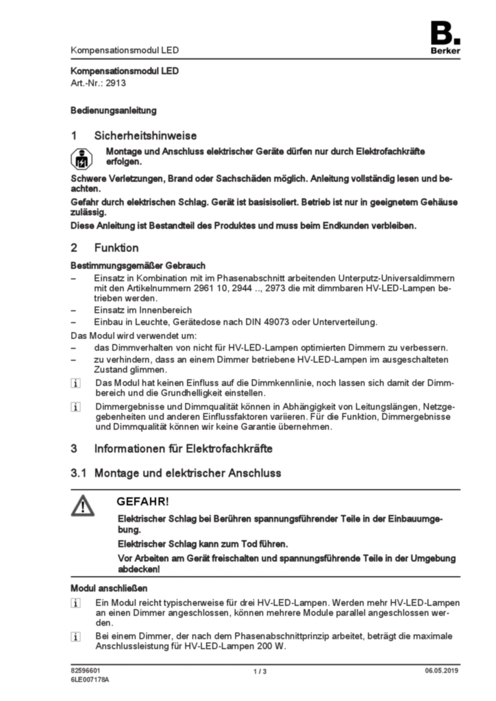 Bild Bedienungs- und Montageanleitung für 2913 - Kompensationsmodul LED (DE, Stand: 05.2019) | Hager Deutschland