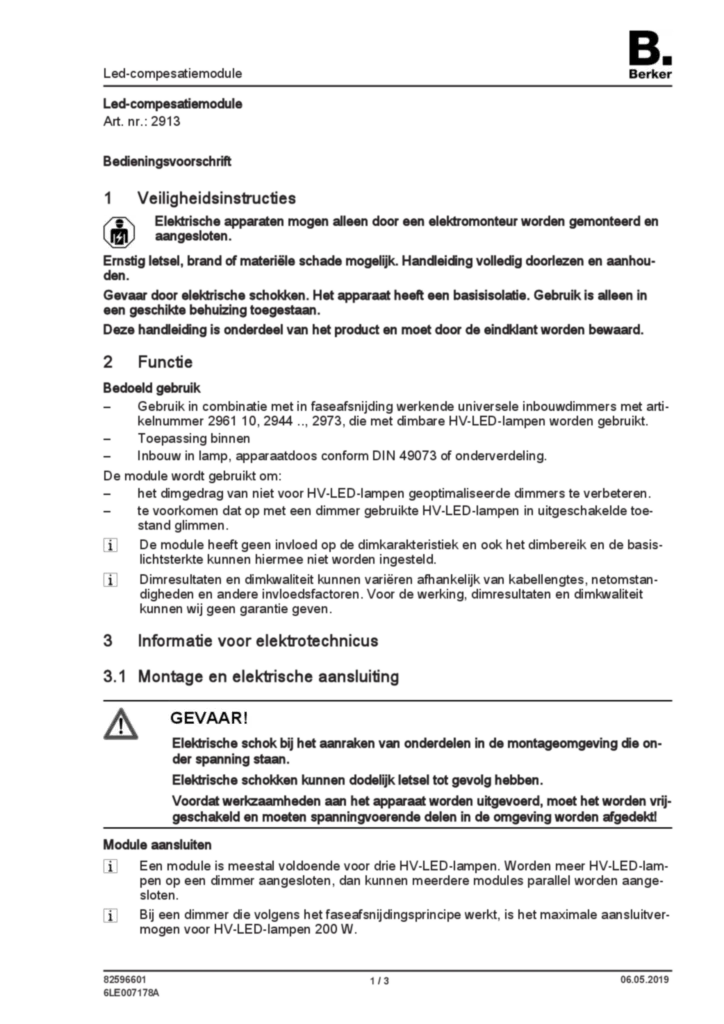 Image Notice d'instruction pour 2913 - Module de compensation LED (NL, 2019-05) | Hager Belgique