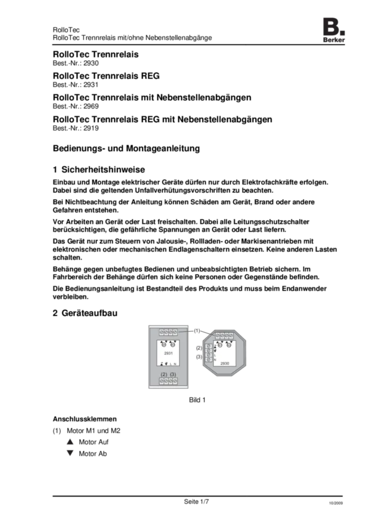 Bild Bedienungs- und Montageanleitung für 2919, 2930, 2931, 2969 - RolloTec Trennrelais (DE, Stand: 10.2009) | Hager Deutschland