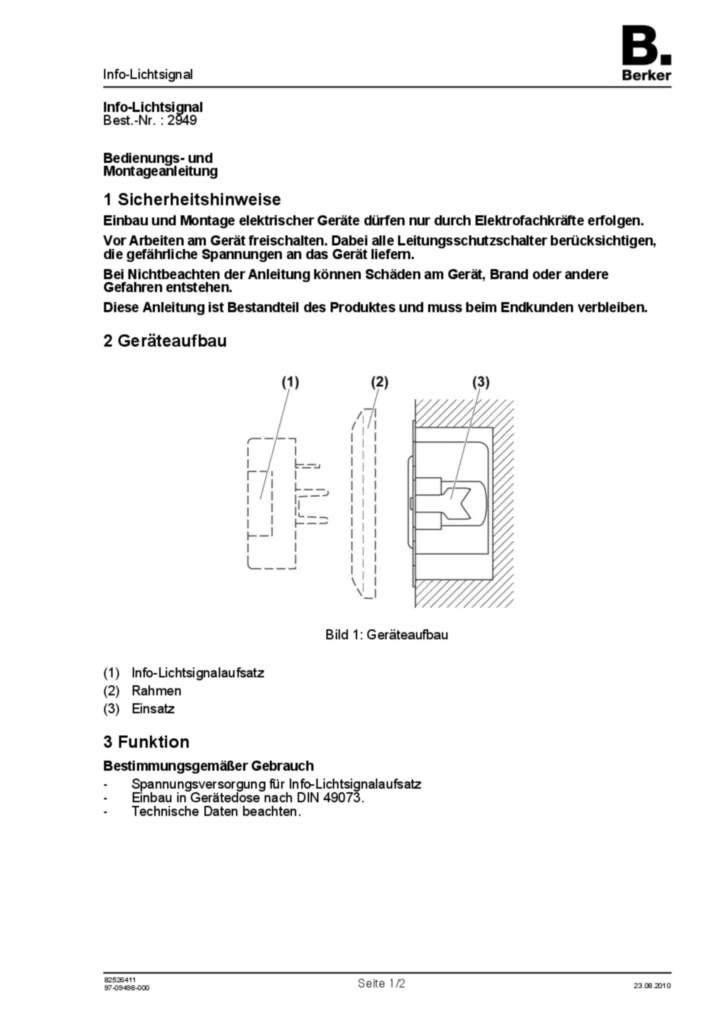 Bild Bedienungs- und Montageanleitung für 2949 - Info-Lichtsignal (DE, Stand: 08.2010) | Hager Deutschland