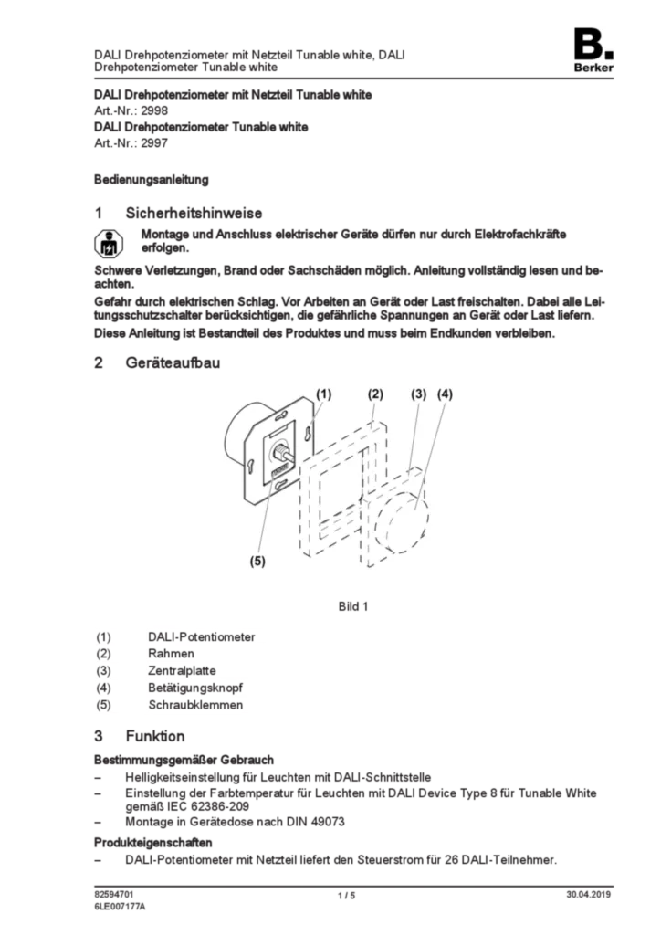 Bild Bedienungs- und Montageanleitung für 2997, 2998 - DALI Drehpotenziometer Tunable white (DE, Stand: 04.2019) | Hager Deutschland