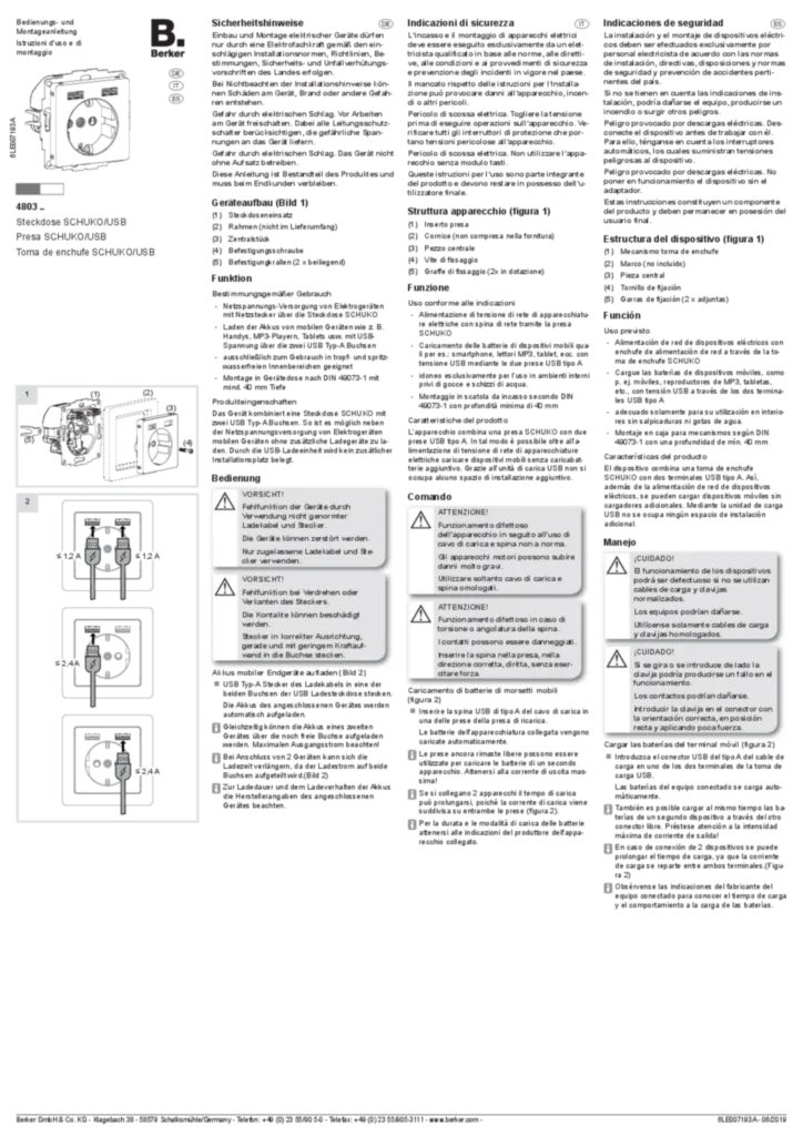 Bild Bedienungs- und Montageanleitung für Schuko-USB-Steckdose (DE-IT-ES, Stand: 06.2019) | Hager Deutschland